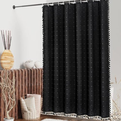 Boho Farmhouse Classic Plaid Linen Tassel Shower Curtain Black,72x78