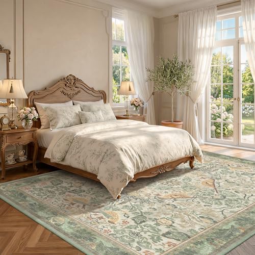 Boho 8x12 Living Room Rugs - Plant & Bird Patterned Rugs for Bedroom Under Bed, Traditional Victorian Sage Green Décor, Washable Non Slip Foldable Lightweight Carpet