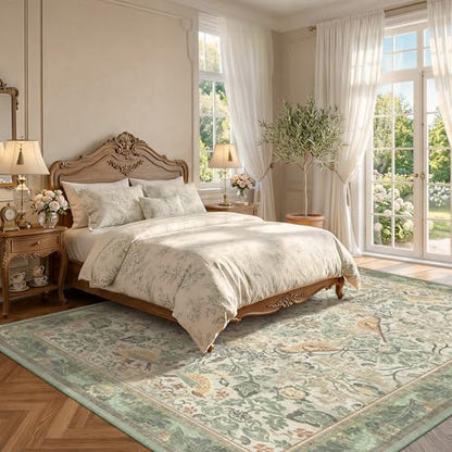 Boho 8x12 Living Room Rugs - Plant & Bird Patterned Rugs for Bedroom Under Bed, Traditional Victorian Sage Green Décor, Washable Non Slip Foldable Lightweight Carpet