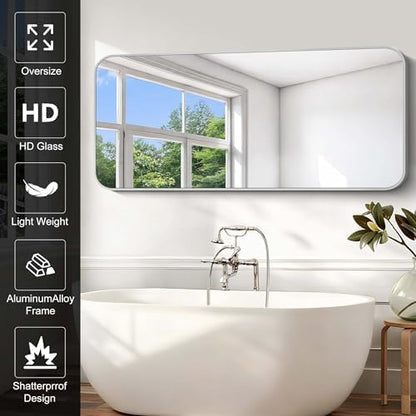 Silver Bathroom Mirror, 72 x 30 Inch Large Rectangle Mirror, Rectangular Vanity Mirror Aluminum Metal Frame, Rounded Corner Wall Mirror for Living Room Bedroom Entryway Horizontal/Vertical