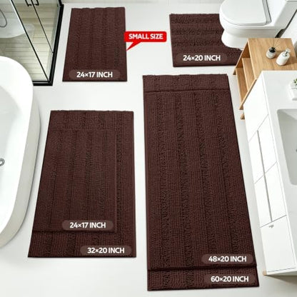 ACCUMTEK Striped Brown Bathroom Rug Set 3 Pieces Ultra Soft, Non Slip Chenille Toilet Mat, Absorbent Plush Shaggy Bath Mats for Bathroom, Bedroom, Kitchen
