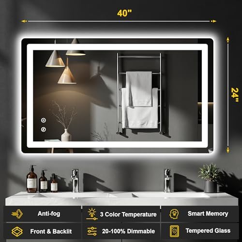 LED Bathroom Mirror with Lights, 24"x40" Lighted Vanity Mirror for Wall