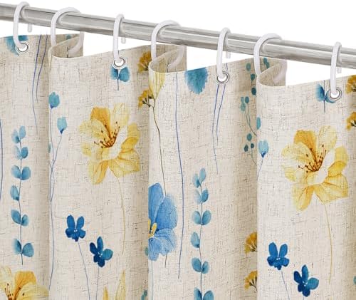 Gibelle BlueYellow Linen Watercolor Floral Fabric Shower Curtain, 72x72