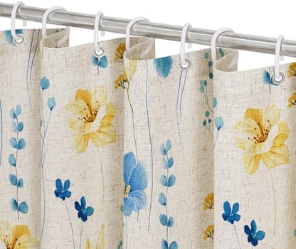 Gibelle BlueYellow Linen Watercolor Floral Fabric Shower Curtain, 72x72