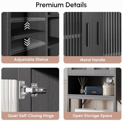 USHOWER Black Over The Toilet Storage Cabinet with Glass Doors