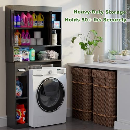 Over The Toilet Storage Cabinet with 7 Shelves, Imitation Walnut Grain Above Toilet Bathroom Organizer with Toilet Paper Holder Stand, Space Saver for Restroom, Laundry, Bathroom (Black)