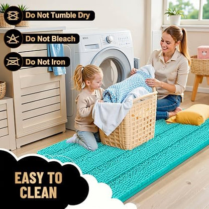 OLANLY Thick Bathroom Rugs 36x24, Soft Chenille Striped Bath Rugs, Teal
