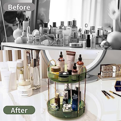 Asayuee 360 Rotating Makeup Organizer for Vanity,2 Tier Large Capacity Skincare Organizers,Bathroom Counter Organizer, Spinning Perfume Organizer & Vanity Organizer (Green-2 Tier)