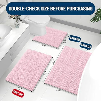 Grandaily Chenille Striped Bathroom Rugs 47x24, Extra Thick and Absorbent Bath Mats, Non-Slip Soft Plush Shaggy Shower Carpet, Machine Wash Dry, Bath Rug for Bathroom, Pink