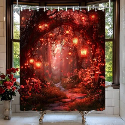 Fantasy Forest Path Shower Curtain Red Fairy Magical Enchanted Misty Jungle Mushroom Floral Tree Butterfly Lantern Wonderland Bath Curtain Fabric Bathroom Accessories Decor with Hooks 70W x80L