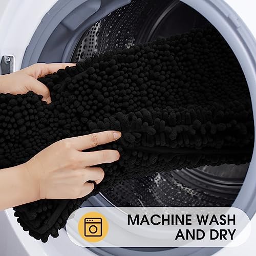ACCUMTEK Upgrade Luxury Black Bathroom Rug Mat 48"x17", Ultra Soft Thick Absorbent Bath Mats, Non Slip Chenille Toilet Mat for Bathroom, Bedroom, Kitchen, Shower, Tub