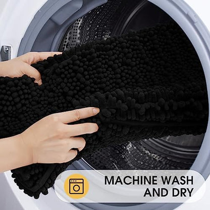 ACCUMTEK Upgrade Luxury Black Bathroom Rug Mat 48"x17", Ultra Soft Thick Absorbent Bath Mats, Non Slip Chenille Toilet Mat for Bathroom, Bedroom, Kitchen, Shower, Tub