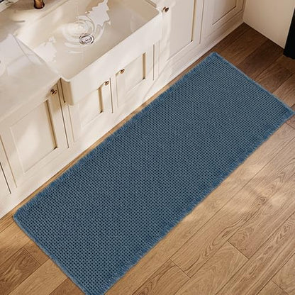 ZALL Blue Waffle Bath Mat,Super Absorbent Non Slip Bathroom Rug, 24x72inch, Machine Washable Ultra Soft Floor Mats