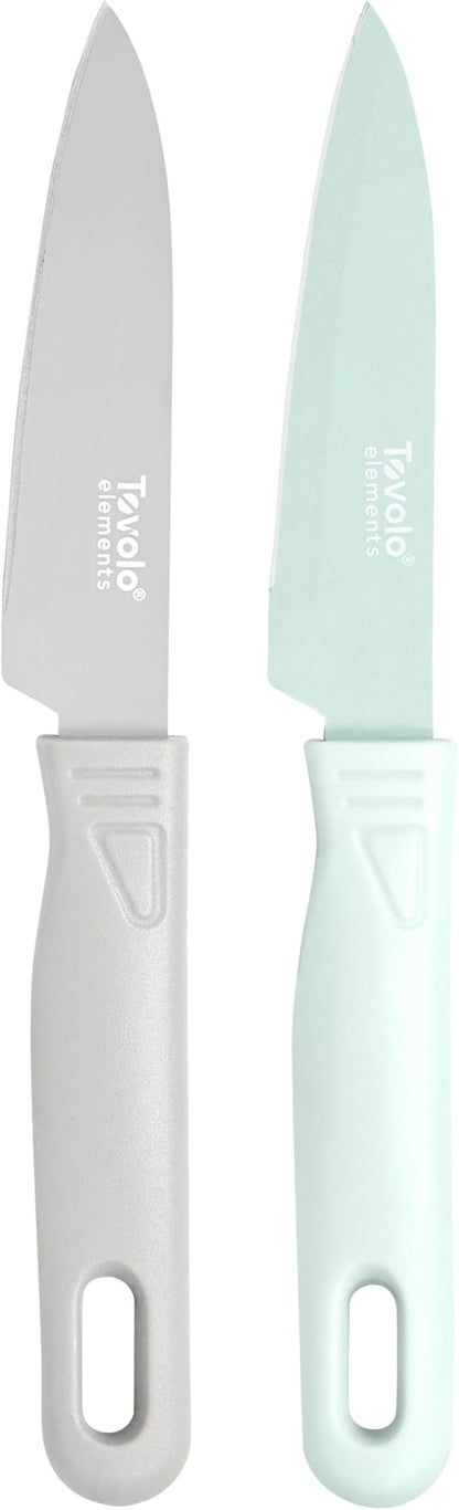 Tovolo Paring Knife Set of 2 Stainless Steel 8 Inch Kitchen Knives with Protective Blade Cover, Sharp Small Comfort Grip Handle Paring Knife Set for Cutting Slicing Dicing, Blue Haze & Oyster Gray