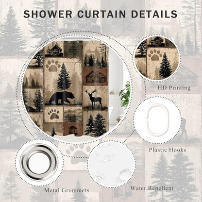 Rustic Cabin Patchwork Shower Curtain for Bathroom, Wild Animal Bear and Deer Brown Vintage Plaid Woodland Lodge Shower Curtain Country Bathroom Decor Accessories with Hooks, 60W X 72L inches