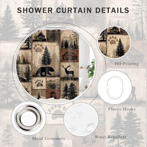 Rustic Cabin Patchwork Shower Curtain for Bathroom, Wild Animal Bear and Deer Brown Vintage Plaid Woodland Lodge Shower Curtain Country Bathroom Decor Accessories with Hooks, 72W X 78L inches