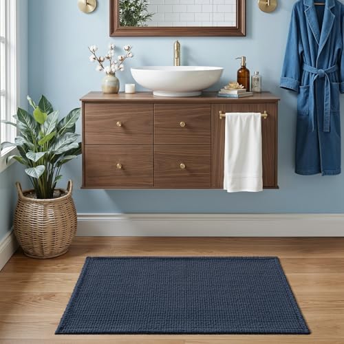 DEXI Chenille Bath Mat 43x24, Soft Absorbent Bathroom Rugs, Navy