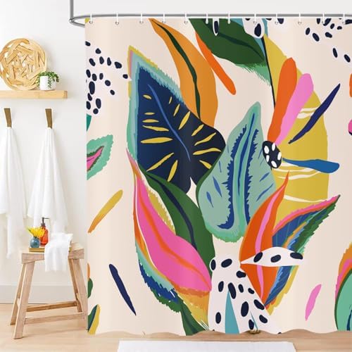 deFouliao Boho Shower Curtain, Colorful Floral Waterproof Shower Curtain for Bathroom with Modern Abstract Art Jungle Plant Leaf Bathroom Bathtub Home Curtain Decor, Washable with Hooks, 72Wx72L