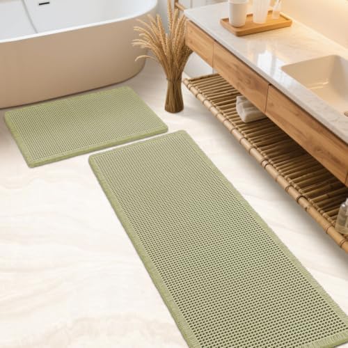IM HOME Waffle Bath Mat Set Green 2 Piece, Woven Modern Bath Rug Mats, Absorbent Non Slip Bath Floor Mat, Soft Washable Boho Bath Rugs with Tassels for Bathroom, Bedroom, Kitchen,Tub