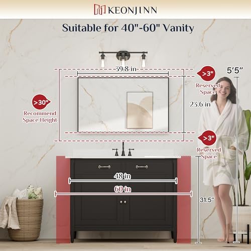 Keonjinn 40x24 Inch Black Bathroom Mirror for Over Sink, HD Tempered Glass