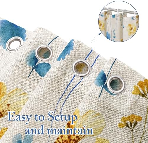 Gibelle BlueYellow Linen Watercolor Floral Fabric Shower Curtain, 72x72