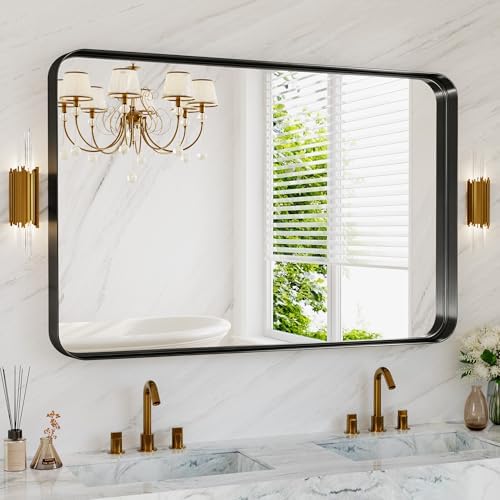 48X30 Inch Black Metal Framed Bathroom Mirror for Wall,HD Tempered Glass