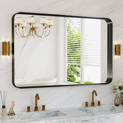 48X30 Inch Black Metal Framed Bathroom Mirror for Wall,HD Tempered Glass