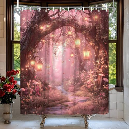 Fantasy Forest Path Shower Curtain Pink Fairy Magical Enchanted Misty Jungle Mushroom Floral Tree Butterfly Lantern Wonderland Bath Curtain Fabric Bathroom Accessories Decor with Hooks 80W x70L