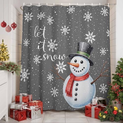 Christmas Snowman Shower Curtain Bathroom Set Xmas Snowflakes Gray Waterproof Shower Curtains with Grommets Hooks Winter Snow Privacy Bath Curtain for Bathtub Decor 72x78in