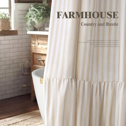 Farmhouse Shower Curtain Ruffle Linen White-Beige Stripe 72"W x 72"L