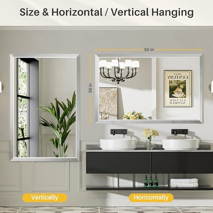 Briivue Bathroom Wall Mirror, Silver Brushed Nickel Metal Frame, 55x36 Inch