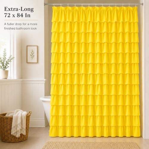 Yellow Shower Curtain for Bathroom, 72 x 84, Soft Ruffled Edge Detailing