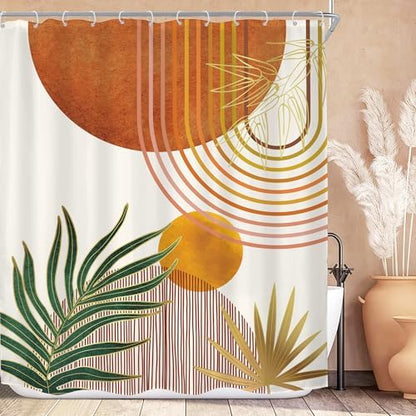 Mid Century Orange Boho Abstract Retro Gold Bathroom Shower Curtain Set