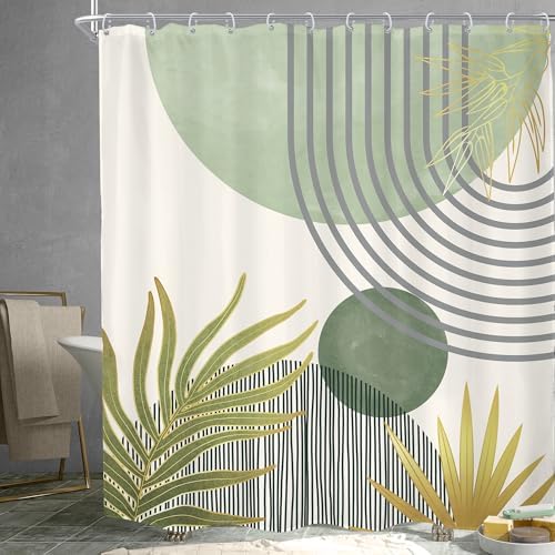 Mid Century Mint Green Boho Abstract Modern Bathroom Shower Curtain Set