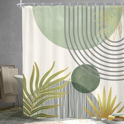 Mid Century Mint Green Boho Abstract Modern Bathroom Shower Curtain Set