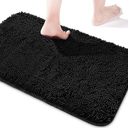 Yeaban Chenille Black Bathroom Rug 17"x24", Non-Slip Rubber Backing