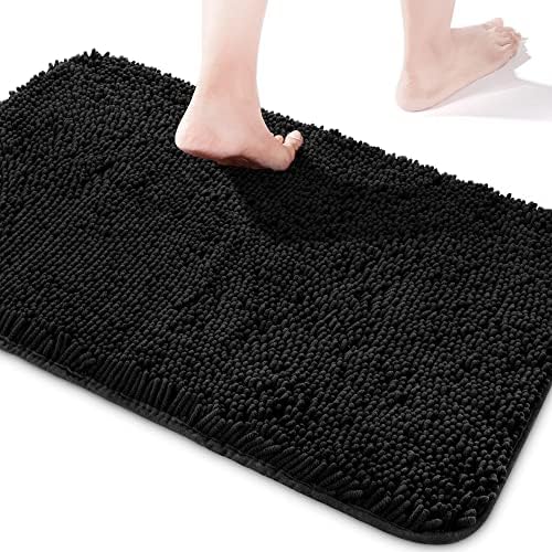 Yeaban Chenille Black Bathroom Rug 26"x44", Non-Slip Rubber Backing
