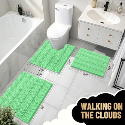 OLANLY Thick Bathroom Rugs 36x24, Chenille Striped Bath Rugs, Mint Green