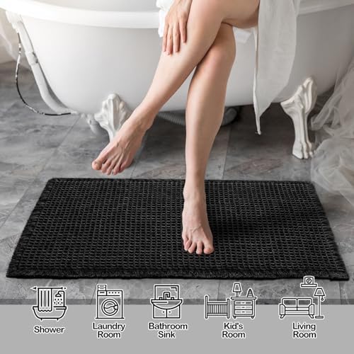 ZALL Waffle Bath Mat Black Super Absorbent Non Slip Bathroom Rug,Rhombus Geometric 17x24inch,Machine Washable Ultra Soft Floor Mats