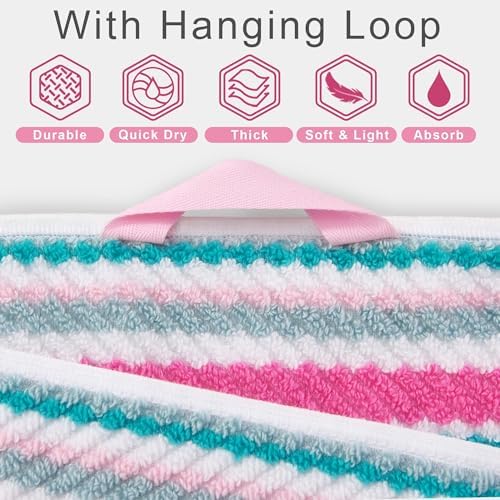 VOOVA & MOVAS Striped Towels 3 Pack, 100% Cotton, Pink Aqua