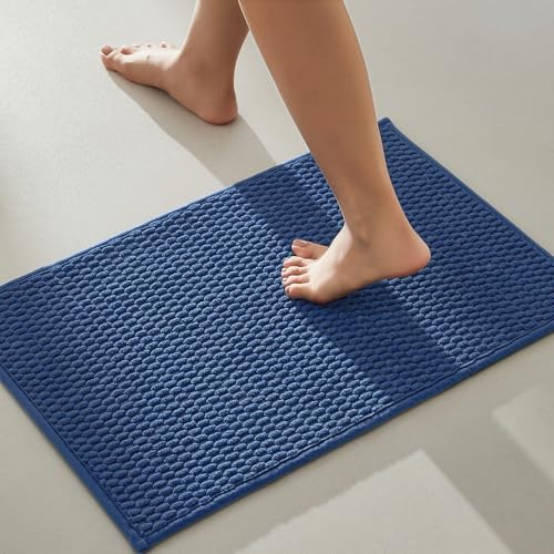 TYUU Bathroom Rugs Non Slip Washable, Super Absorbent Thin Bath Mat Small Quick Dry Low Pile Bathroom Rug, Navy Blue 16"x24"