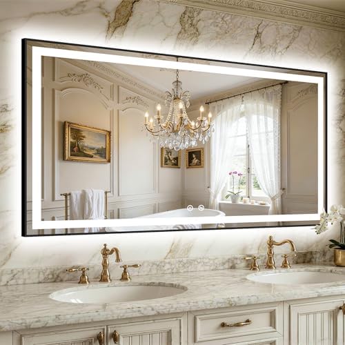 LED Bathroom Mirror with Lights, 30"x55" Black Framed Lighted Vanity Mirror
