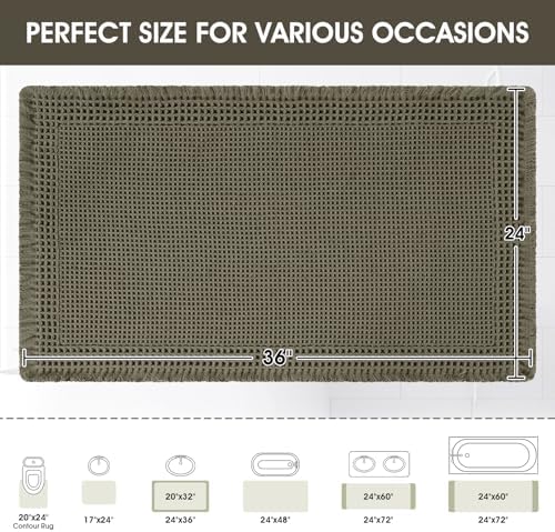 Upgraded Waffle Bath Mat, 36"x24" Greyish Green-Bordered, Super Absorbent Non-Slip Quick Dry Bathroom Rugs with Tassels, Machine Washable Ultra Soft Boho Bath Rugs, Toilet Mats Boho Farmhouse Decor