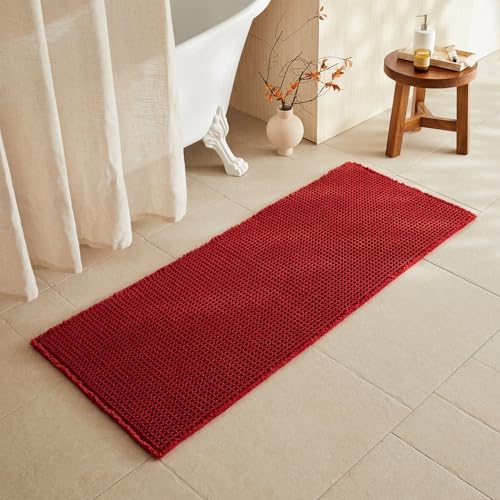 TYUU Waffle Runner Rug Bathroom, Long Boho Bath Mat, 60x24 Burgundy
