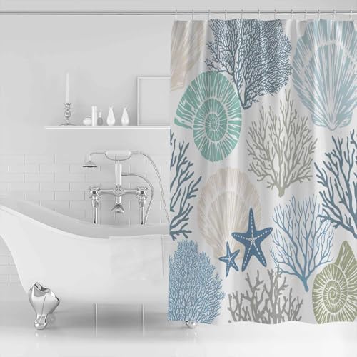 Shower Curtain Bathroom Set Blue Ocean Shells Coral Waterproof Shower Curtains with Grommets Hooks Conch Starfish Marine Life Privacy Bath Curtain for Bathtub Decor 72x72in