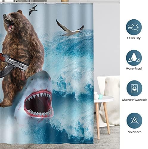 Funny Shark Bear Shower Curtain - Fun Bear Riding Shark in Ocean Wave Cool Shower Curtains Set with 12 Hooks for Adults Wild Bathroom Decor Accessories, 72"x72", Blue Brown