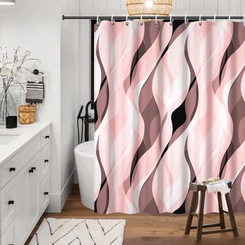 Pink Striped Shower Curtain with Hooks for Bathroom 72x72 Inch