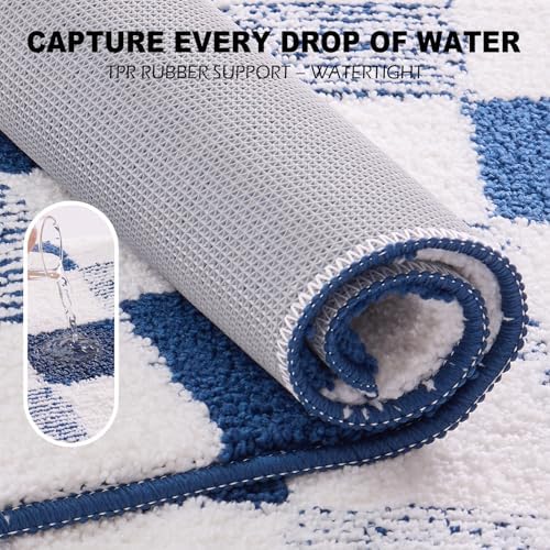 CozeCube Navy Blue Checkered Bath Mat 47"x24" Non Slip Washable Rug