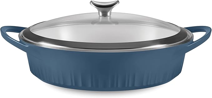 CorningWare QuickHeat 4-QT Cast Aluminum Braiser With Lid, Nonstick Ceramic Interior, Lightweight and Fast Even Heat Baking & Cooking, For Meats, Soup, Browning, Searing, French Navy