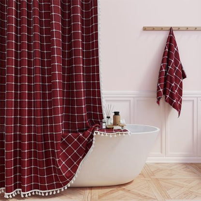 BTTN 72x78 Boho Farmhouse Linen Heavy Duty Fabric Shower Curtain, Burgundy